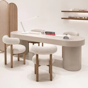 Custom Minimalist Nail Salon LED Manicure Table Set with Boucle Chairs Modern Beauty Bar Furniture Full Store Design