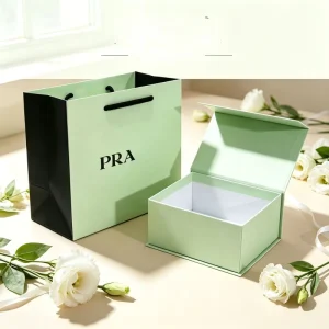 Custom Mint Green Rigid Gift Box With Shopping Bag Lisianthus Satin Ribbon Branded Packaging Gift Bag Present Set