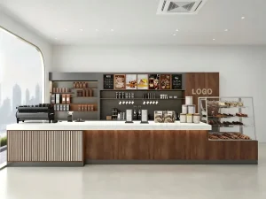 Custom Modern Coffee Kiosk Coffee Shop Counter Bar with LED Lighting for Cafe Shop and Bakery Design Cafe Interior Design