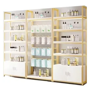 Custom Modern Commercial Beauty Salon Makeup Cosmetics Skin Care Perfume Essential Oil Metal Floor Standing Display Stand Shelf