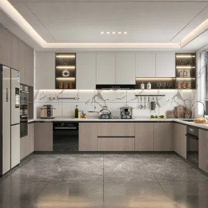 Custom Modern Wooden Kitchen Cabinet Set with Glass Display and Marble Countertop for Apartments