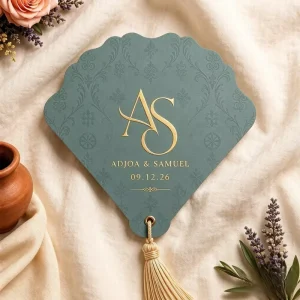 Custom Monogram Damask White Paper Fan Invitation Special Paper Gold Foil Embossed With Tassel for Wedding Party