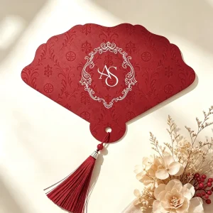 Custom Monogram Paper Hand Fan Gold Foil Scalloped Wedding Fans Tassel Personalized Program Invitation Card Guest Favors