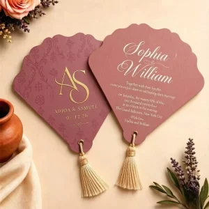Custom Monogram White Paper Fan Invitation Special Paper Gold Foil Embossed With Tassel . Wedding Program Cards