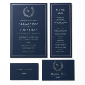 Custom Navy Blue Wedding Paper Suite Invitation Menu Place Thank You Card Silver Foil for Formal Evening Luxury Stationery