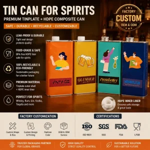 Custom New Type Rectangle Tinplate Beverage Wine Container HDPE Inner Plastic Bottle for Vodka Brandy Gin Rum Tequila Beer
