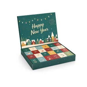 Custom New Year Advent Calendar Book Gift Box Rigid Paper Packaging Magnetic Closure 25 Day Countdown Chocolate Beauty Tray