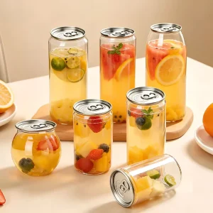 Custom PET Plastic Beverage Cans Bottles Easy Open Easy Tear Lid Cylinder Shape Screen Printed Disposable Transparent Food Soda