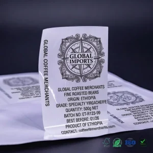 Custom PP Synthetic Paper Coffee Label With Compass Rose Logo for Specialty Ethiopian Roasted Bean Packaging Bulk