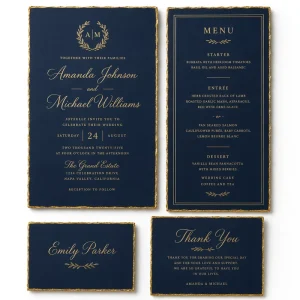 Custom Painted Edge Wedding Paper Suite Gold Edge Navy Invitation Menu Place Thank You Card for Luxury Shimmer Stationery
