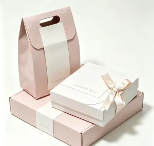 Custom Paper Gift Box Set Die Cut Handle Bag With Satin Ribbon Eco Friendly Packaging Boxes Custom Logo Colors Available