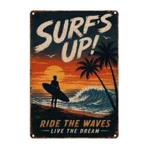 Custom Pattern Vintage Retro Beach Surfing Metal Tin Sign for Surf Shops Hotels and Home Bars
