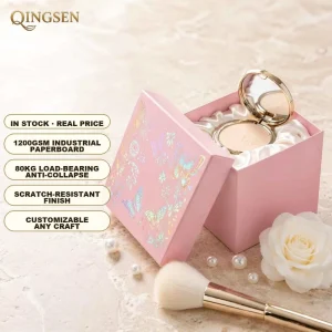 Custom Pink Paperboard Cosmetic Gift Box with Holographic Foil Stamping, Lid-and-Base Design, Satin Lining