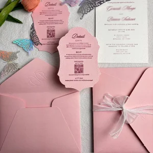 Custom Pink Wedding Invitation Cards with Envelopes Elegant Ribbon & Embossed Monogram Invite Personalized RSVP Cards Included