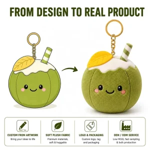 Custom Plush Keychain From Coconut Design to Real Product OEM ODM Personalized Soft Fruit Stuffed Toy From Artwork