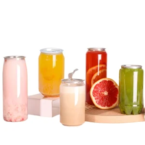 Custom Print Disposable Plastic Jar Cola Coffee Soda Beverage Bottle Transparent PET Pop Sealable Can With Aluminum Lid