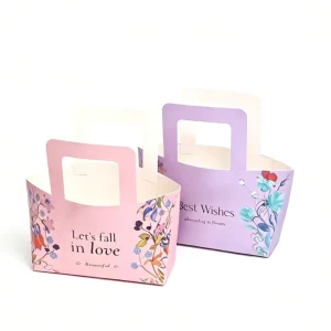 Custom Printed Biodegradable Paper Flower Gift Bag Handle Portable Florist Bouquet Packaging Box Wedding Birthday Party Craft