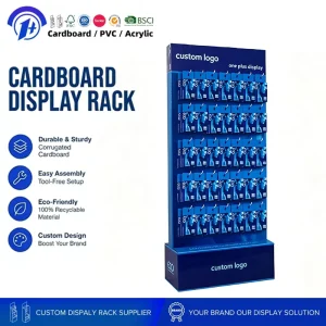 Custom Printed Corrugated Cardboard Floor Display Stand with Hooks Retail POP Paper Display Rack for Hanging Accessories