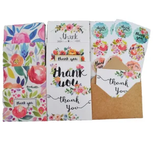 Custom Printed Logo Flowers THANK YOU Card Set Folded Holiday Greeting Card Kraft Paper Blank Envelope