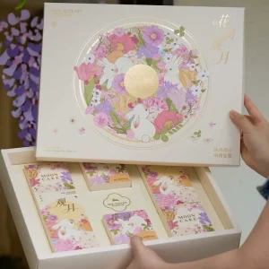 Custom Printed Mid Autumn Festival Mooncake Packaging Box Gold Foil Moon Rabbit Floral Paper Gift Box Set for Bakery Bulk