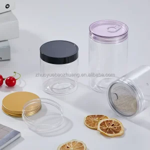 Custom Printed PET Can Juice Bottles Clear Transparent Amber Black Jars Lids for Snacks Canned Food Cookies Packing