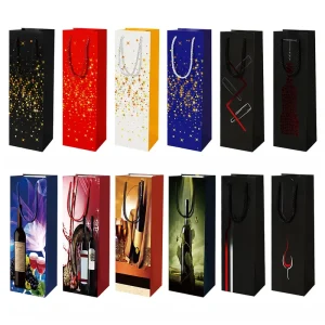 Custom Printed Paper Wine Gift Bags with Rope Handles for Single Bottle Packaging Retail Gifts Holiday Promotion