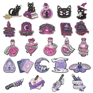 Custom Purple Crystal Witch Magic Enamel Pin Brooch Gothic Punk Book Cat Badge Halloween Jewelry Metal Crafts