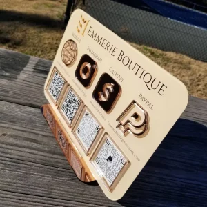 Custom QR Code Social Media Acrylic Sign with Wood Base for Retail Display