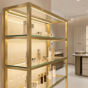 Custom Rectangular Cosmetic Display Showcase with Glass Shelves and Metal Frame