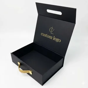 Custom Recyclable Cardboard Black Magnetic Rigid Foldable Box with Carry Handle Gold Foil Logo for Luxury Packaging