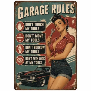 Custom Retro Pinup Girl Garage Rules Metal Sign for Gas Station Cafe and Bar