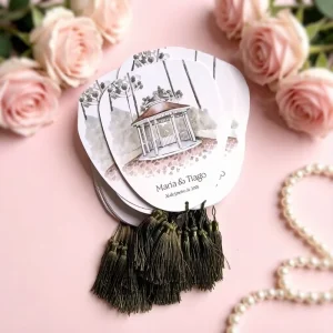 Custom Round White Paper Fan Invitation Cardstock Watercolor Print With Silk Tassel for Bridal Shower Favors