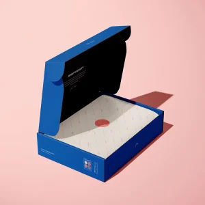 Custom Royal Blue Corrugated Mailer Box Rose Gold Logo Print for Beauty Cosmetics Subscription Gift Shipping