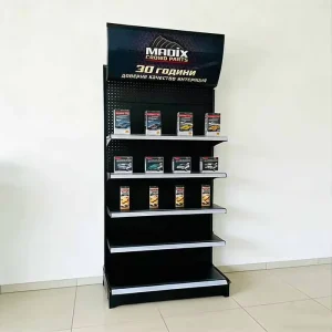 Custom Size Black Supermarket Store Gondola Exhibition Display Shelves With Curved Light Boxes