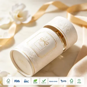 Custom Size Luxury Rigid Cardboard Cylinder Paper Tube Packaging for Perfume Candle Cosmetic Gift Gold Foil Embossed Box