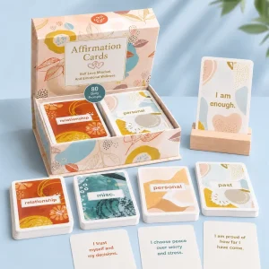 Custom Square Affirmation Cards Gold Foil Printing Magnetic Gift Box Eco Friendly Paper With Wooden Display Holder