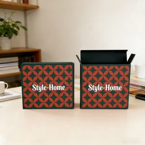 Custom Style-Home Branded Gift Box – Green & Red Geometric Pattern Luxury Cardboard Packaging Box for Home Decor & Products