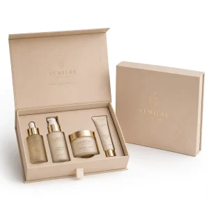 Custom Sustainable Cardboard Magnetic with Gold Foil Stamping and Customizable EVA Tray for Skincare Serum and Cream Sets