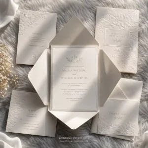 Custom Timeless Embossed Wedding Invitation Minimalist Cream Floral Print with Matching RSVP & Thank You Card Designs
