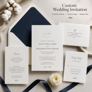 Custom Timeless Minimal Wedding Invitation Suite Elegant Embossed Crest Invitation with Navy Envelope & Return Address Card
