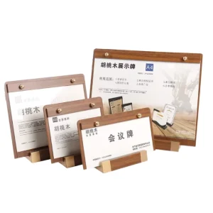 Custom Transparent Billboard Acrylic Table Card Eco-Friendly Wooden Base Pull-Out Display Stand Polished Vertical