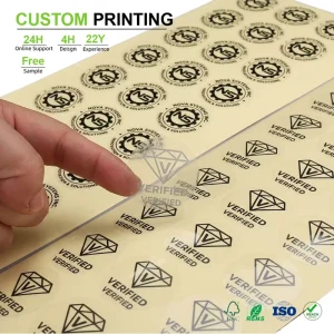 Custom Transparent Verified Labels Clear Icon Stickers With Repeated Text for Authentic Product Branding Bulk