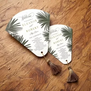 Custom Tropical Palm Leaf Semi Fan Wedding Invitation Card Gold Foil Names With Tassel for Boho Outdoor Beach Wedding Invitation