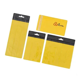 Custom Two Tone Colored PVC Card Holder Die Cut Hang Hole Card Sleeve Printed Tag Case Clip Closure Fashion Brand Product Tags