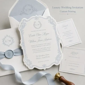 Custom Vintage Blue Crest Wedding Invitation Set Elegant Monogram Lined Envelope with Matching RSVP & Details Cards