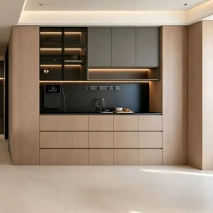 Custom Walnut Solid Wood Freestanding Cabinet with Drawers and Adjustable Shelves for Dining Rooms