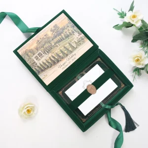 Custom Watercolor Venue Velvet Wedding Hardcover Invitation Box Emerald Green Luxury Acrylic Invite Set with RSVP Card & Wax Seal
