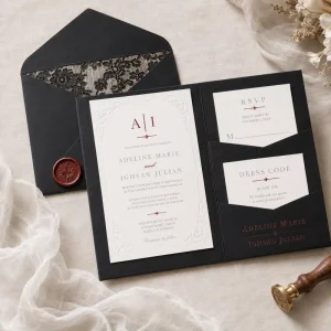 Custom Wedding Invitation Cards Suite Personalized Black Lace Style Cardboard Letterpress Printed Embossed for Event Companies