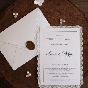Custom Wedding Invitation Romantic Lace Edge Card Set Save the Date RSVP Foil Stamped Deboss Letterpress