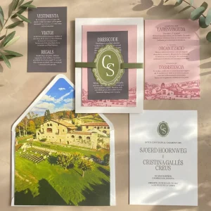 Custom Wedding Invitation Suite Luxury Illustrated Envelope Liner Ribbon Monogram Elegant Destination Wedding Invite Set